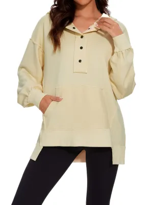 Womens Long Sleeve Hoodies Button Down Pullover Oversized Sweatshirts V Neck With Pockets Tops