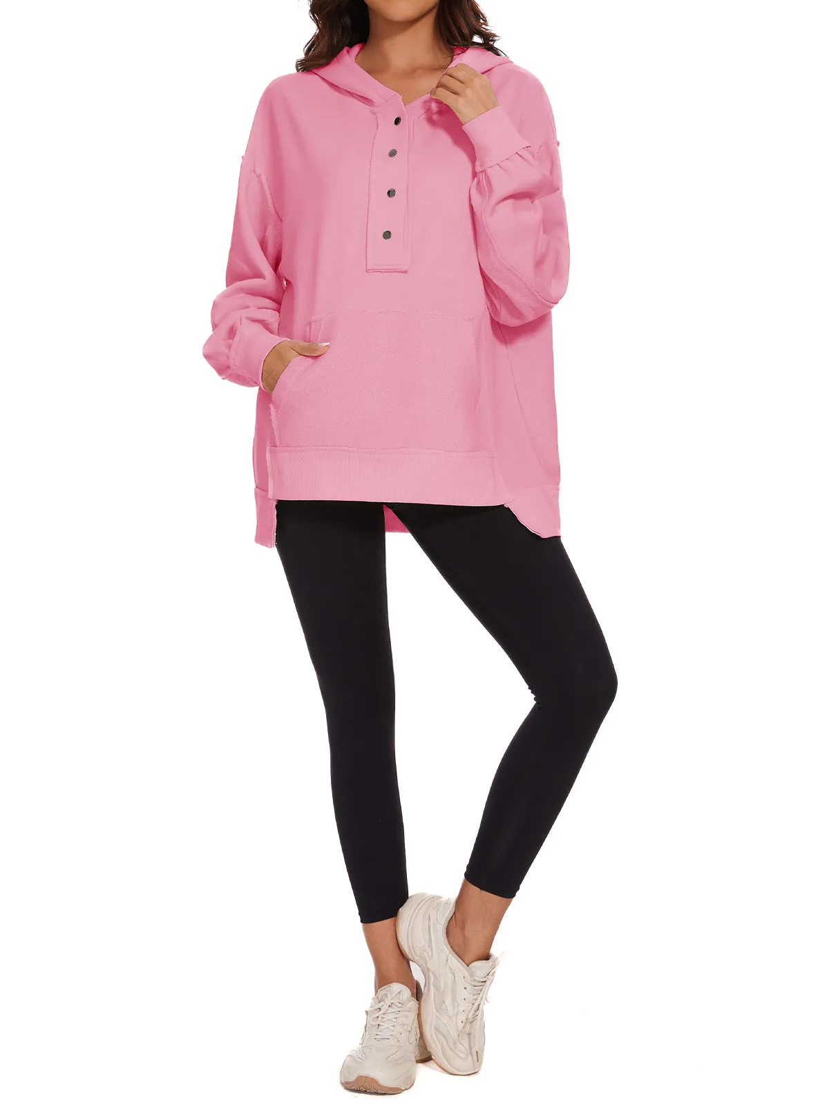 Womens Long Sleeve Hoodies Button Down Pullover Oversized Sweatshirts V Neck With Pockets Tops