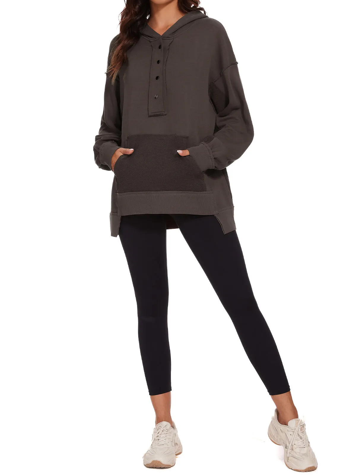 Womens Long Sleeve Hoodies Button Down Pullover Oversized Sweatshirts V Neck With Pockets Tops