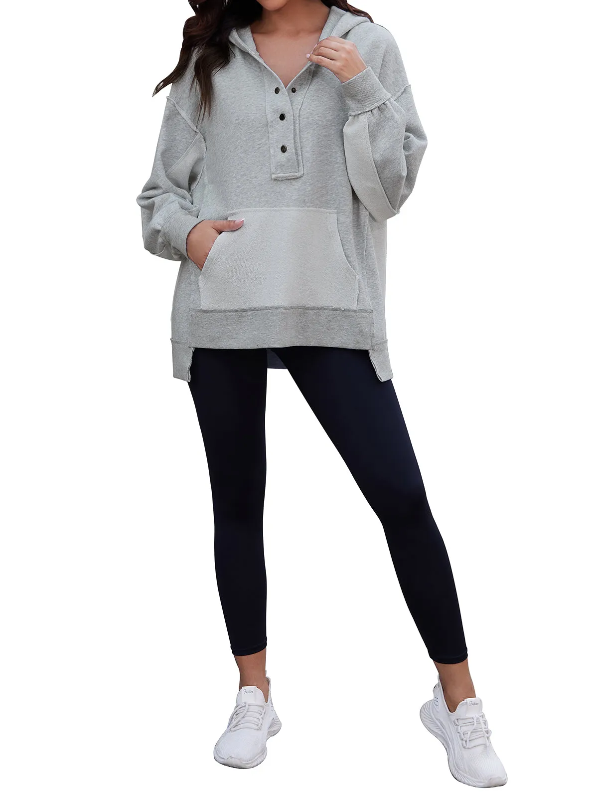 Womens Long Sleeve Hoodies Button Down Pullover Oversized Sweatshirts V Neck With Pockets Tops