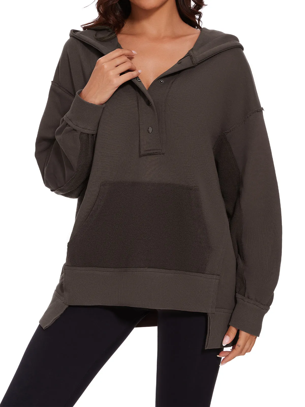 Womens Long Sleeve Hoodies Button Down Pullover Oversized Sweatshirts V Neck With Pockets Tops