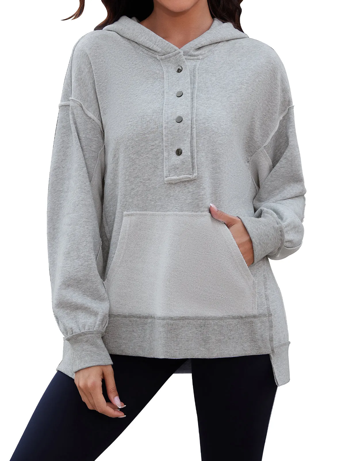 Womens Long Sleeve Hoodies Button Down Pullover Oversized Sweatshirts V Neck With Pockets Tops