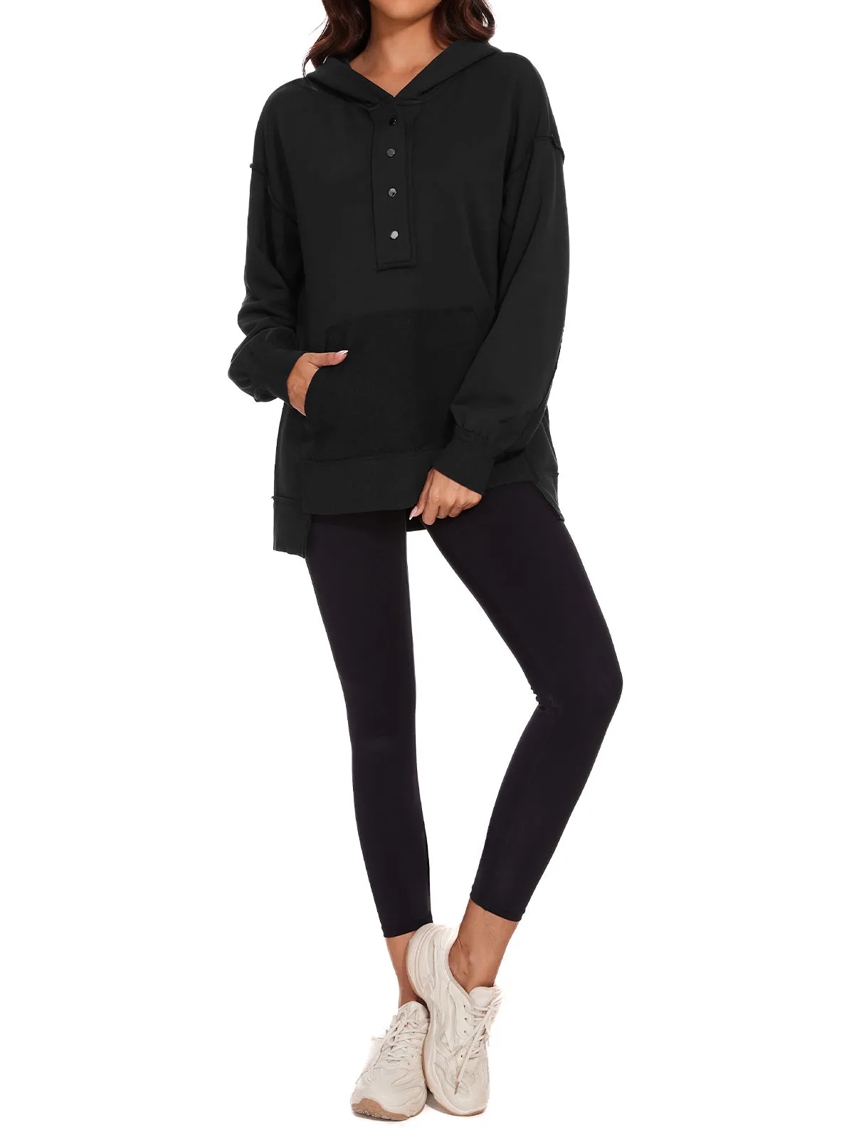 Womens Long Sleeve Hoodies Button Down Pullover Oversized Sweatshirts V Neck With Pockets Tops