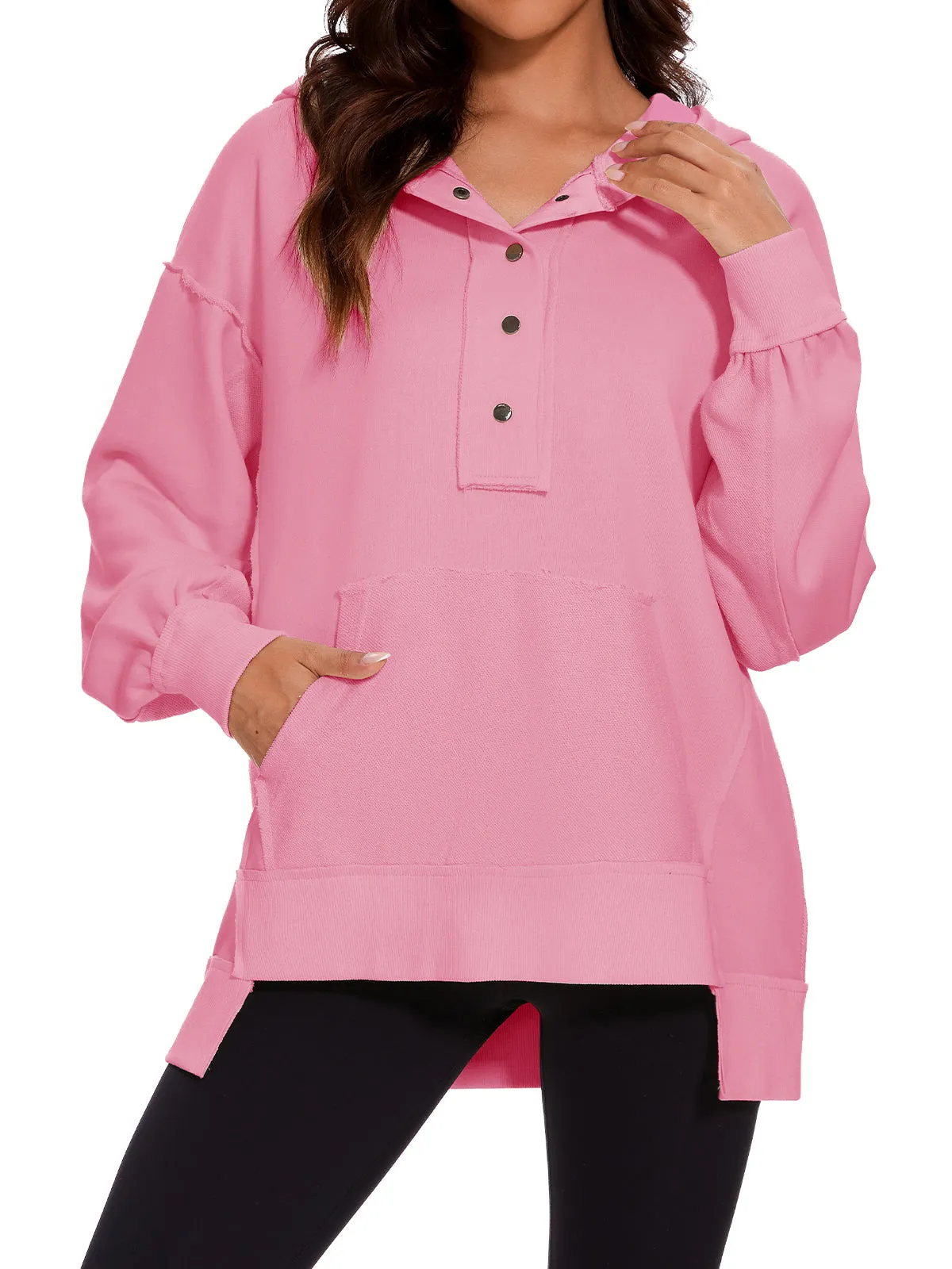 Womens Long Sleeve Hoodies Button Down Pullover Oversized Sweatshirts V Neck With Pockets Tops