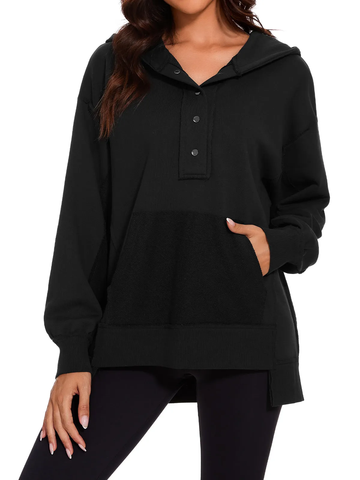 Womens Long Sleeve Hoodies Button Down Pullover Oversized Sweatshirts V Neck With Pockets Tops