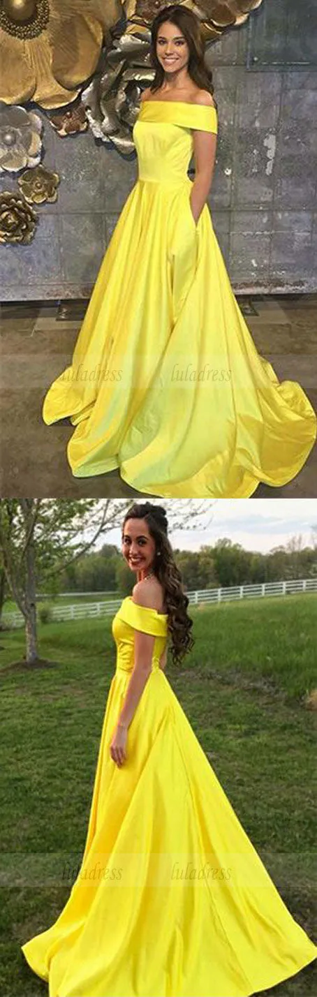 Yellow Prom Dresses,Off The Shoulder Prom Dresses,A Line Prom Dress,Long Evening Gown With Pockets,Satin Prom Dresses