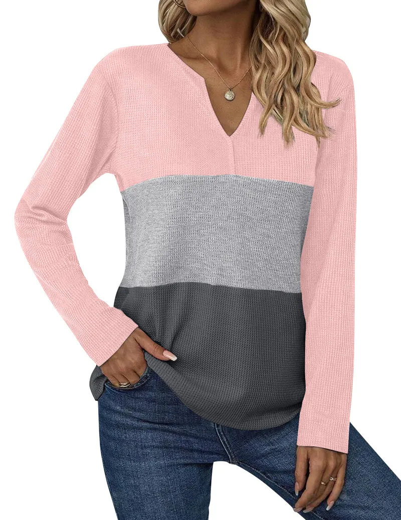 Zeagoo Women's Waffle Shirts V Neck Long Sleeve Tops Color Block T-Shirts