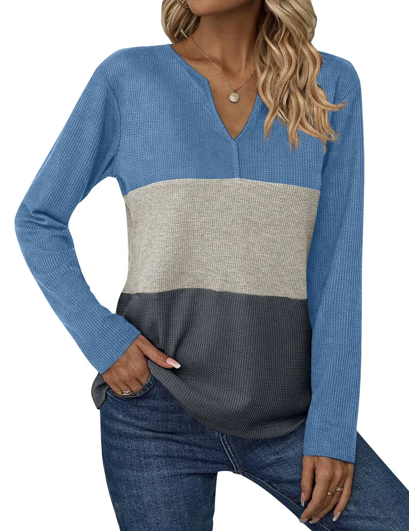 Zeagoo Women's Waffle Shirts V Neck Long Sleeve Tops Color Block T-Shirts