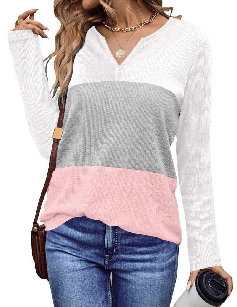 Zeagoo Women's Waffle Shirts V Neck Long Sleeve Tops Color Block T-Shirts