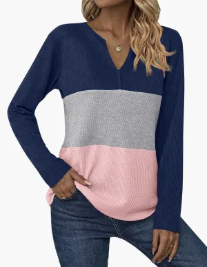 Zeagoo Women's Waffle Shirts V Neck Long Sleeve Tops Color Block T-Shirts