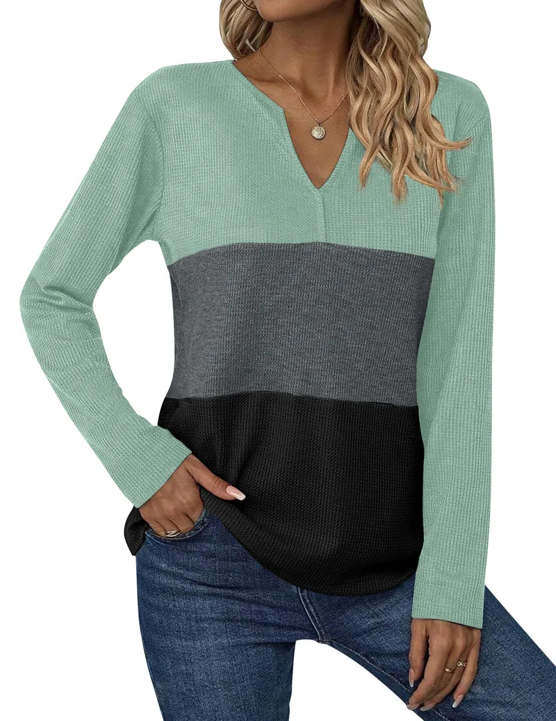 Zeagoo Women's Waffle Shirts V Neck Long Sleeve Tops Color Block T-Shirts