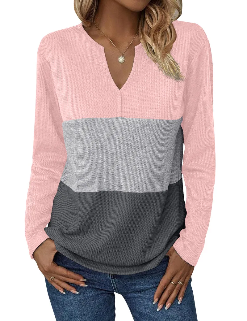 Zeagoo Women's Waffle Shirts V Neck Long Sleeve Tops Color Block T-Shirts