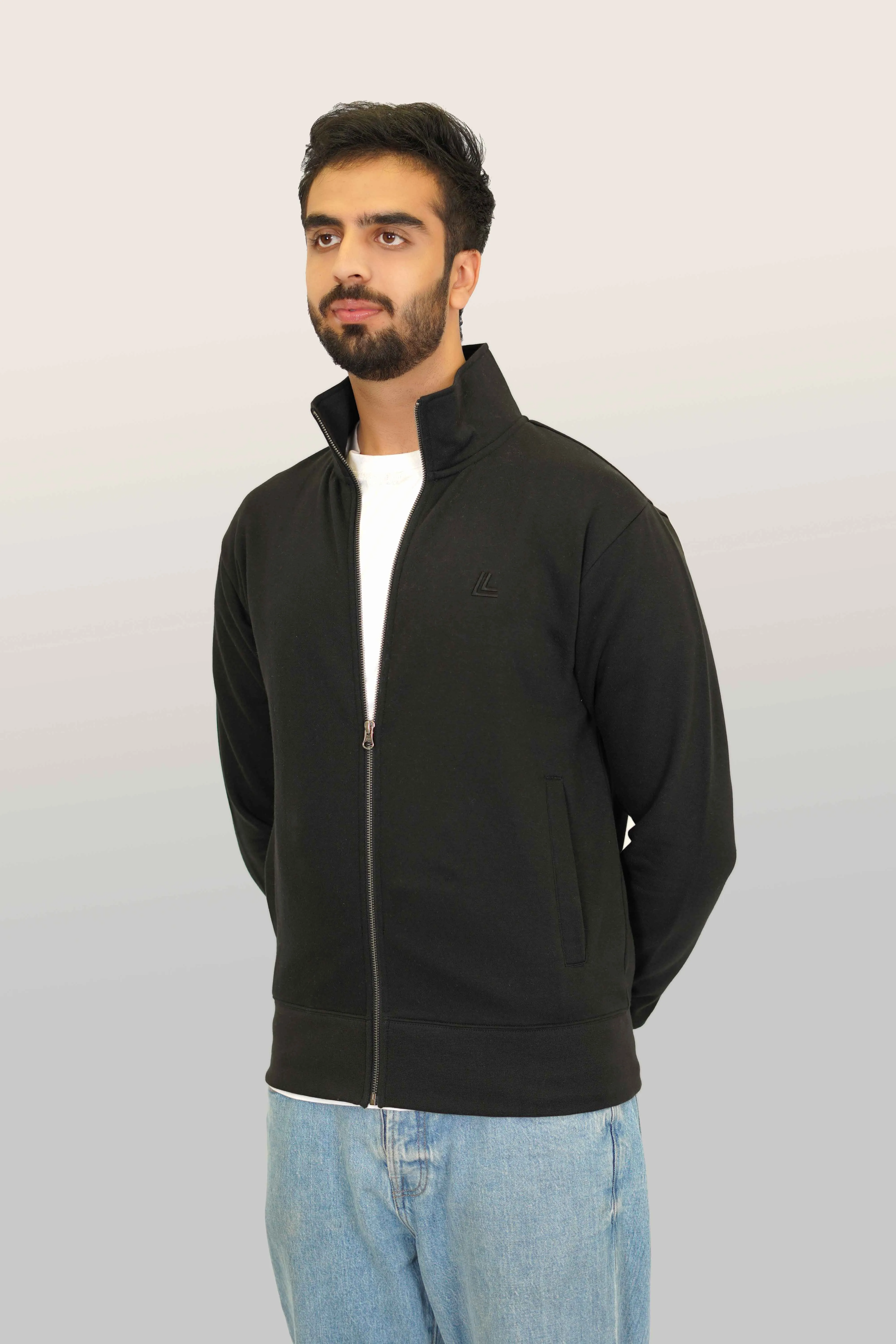 Zipper Mock - Woolen Fleece Black Plain